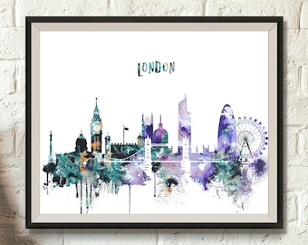 London Watercolor Digital Poster, UK City skyline, Watercolor  Cityscape, Printable Watercolor wall decor, London wall decor