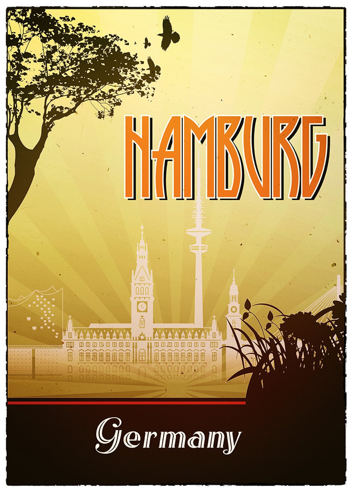 Hamburg Print Retro Wall Art Poster Vintage Design City Etsy