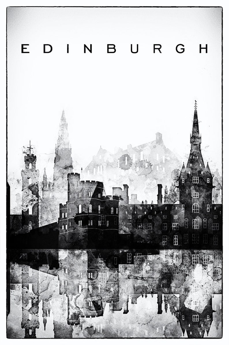 Edinburgh Poster Scottish Black White Printable Skyline Etsy