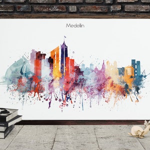 Medellin Watercolor Skyline, Colombia Printable Skyline, Colorful Digital Poster, Printable wall art, Digital Download
