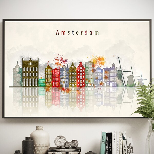 Printable Amsterdam Watercolor, City skyline Digital, Amsterdam office decor, Dutch Cityscape, Netherlands wall decor, Printable up 20"x30"