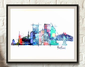 Portland Digital Skyline, Poster, Watercolor&Pencil, Oregon Cityscape, Portland skyline, Home Decor, Download and print up to 20"x30",