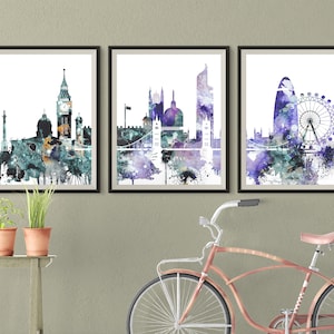 London 3 piece Wall art London skyline set of 3 Prints Posters travel decor Watercolor home decor Gift Triptych Set of 3 Downloadable prints