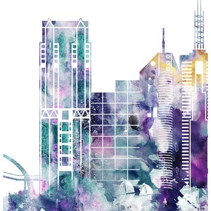 May include: Watercolor painting of a city skyline with tall buildings in shades of purple, blue, and green. The buildings are outlined in white and the background is a soft wash of color.