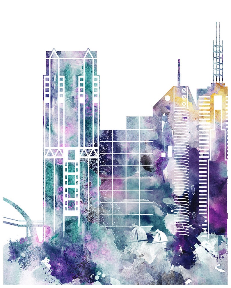 May include: Watercolor painting of a city skyline with tall buildings in shades of purple, blue, and green. The buildings are outlined in white and the background is a soft wash of color.