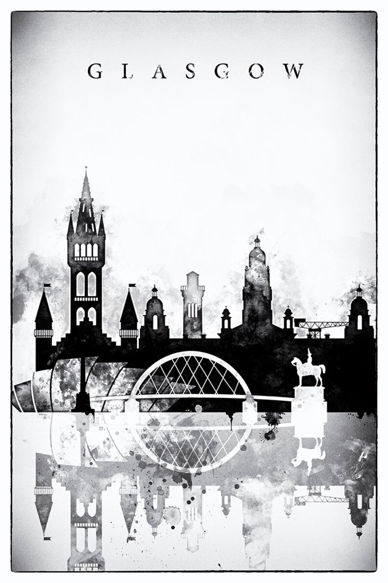 Glasgow Black White Printable Poster UK Printable Skyline Etsy