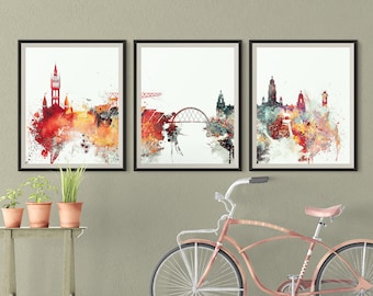 Glasgow Set of 3 prints, Glasgow Scotland skyline, 3 pieces wall art Glasgow posters Digital Download Art Triptych Set Home posters
