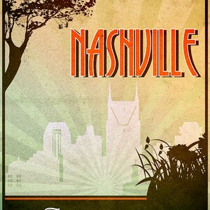 May include: A retro travel poster for Nashville, Tennessee. The design features the city's name in orange and black, a skyline silhouette, and the word "Tennessee" at the bottom, all set against a vintage background.