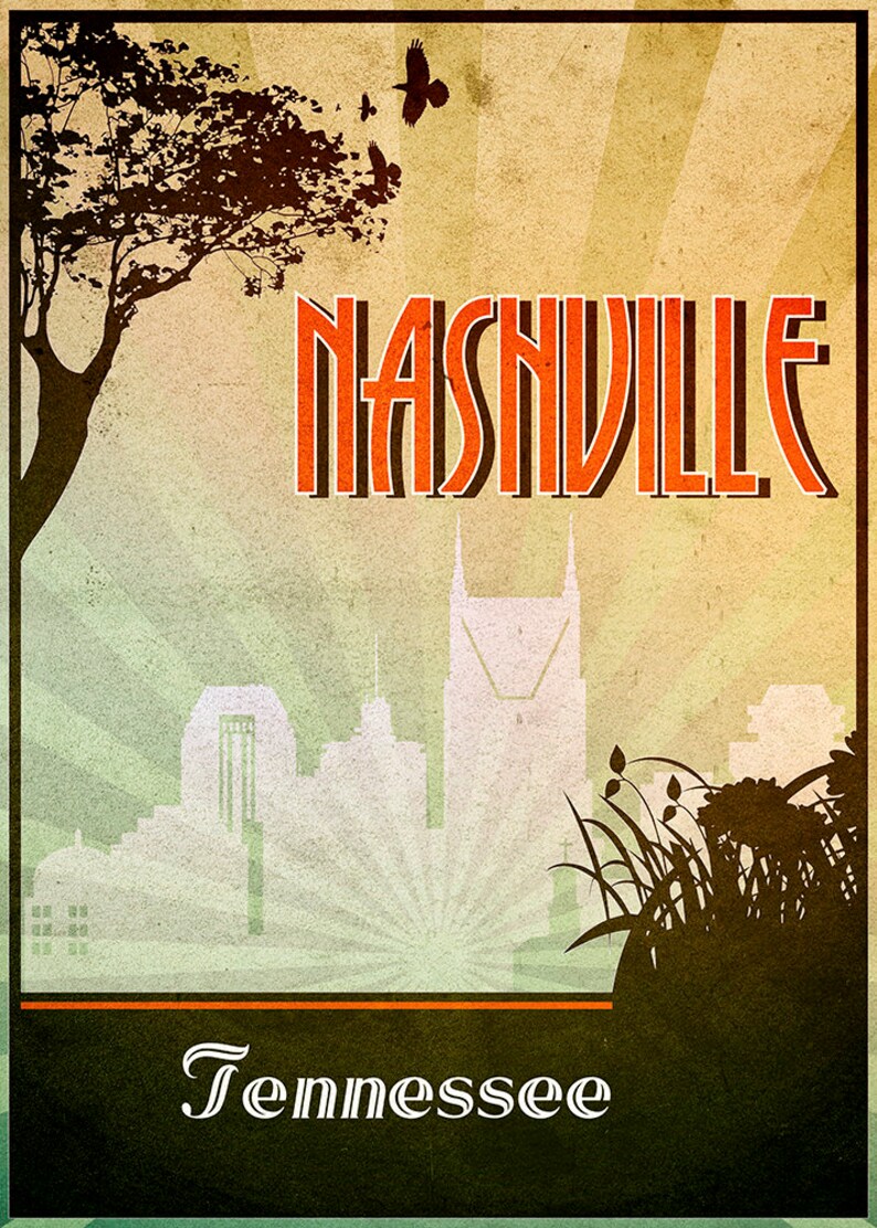 May include: A retro travel poster for Nashville, Tennessee. The design features the city's name in orange and black, a skyline silhouette, and the word "Tennessee" at the bottom, all set against a vintage background.