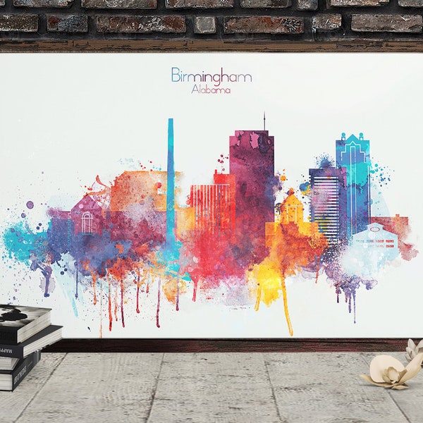 Birmingham Color Skyline, Alabama Digital Poster, Pink Blue Watercolor Cityscape, Printable Wall decor, Digital Download, Big size printable