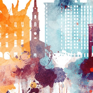 May include: Watercolor painting of a city skyline with buildings in shades of orange, blue, and purple. The buildings are silhouetted against a white background with splatters of paint.