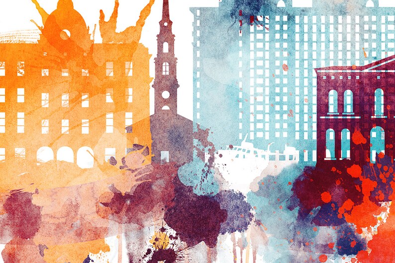 May include: Watercolor painting of a city skyline with buildings in shades of orange, blue, and purple. The buildings are silhouetted against a white background with splatters of paint.