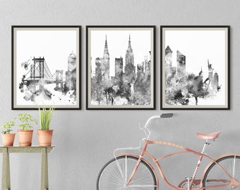 New York Set of 3 Black White Skyline Prints Downloadable prints NYC Digital Download Cityscape New York Triptych Set Home Office posters