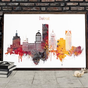 Detroit Watercolor Decor, Detroit cityscape, Downloadable wall art, Printable office decor, Michigan skyline Art
