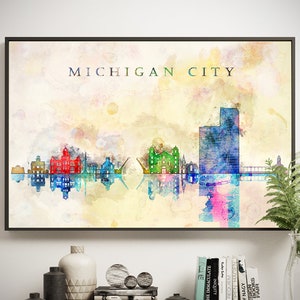 Michigan Wall Print, City Watercolor Printable, Downloadable, Michigan City Indiana Cityscape, Home decor Skyline Digital Download