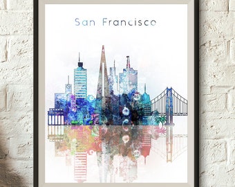 San Francisco Skyline, Digital Poster, Watercolor, San Francisco Cityscape, Downloadable print, Portrait, Digital Download, Big size JPG