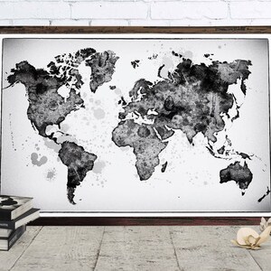 Wereld kaart zwart wit aquarel Decor, downloadbare aquarel kunst, thuiskantoor poster, Wanderlust, landen, Skyline digitale downloaden