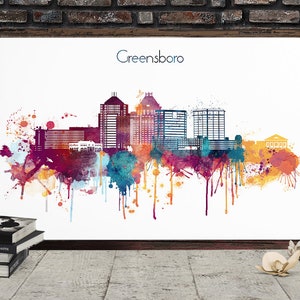 Greensboro Digital Poster, City skyline, North Carolina Watercolor Cityscape, Greensboro wall decor, Printable Big size