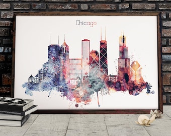 Chicago Watercolor Decor, Downloadable Watercolor City Art, Chicago Cityscape, Home and Office poster, Skyline Digital Download