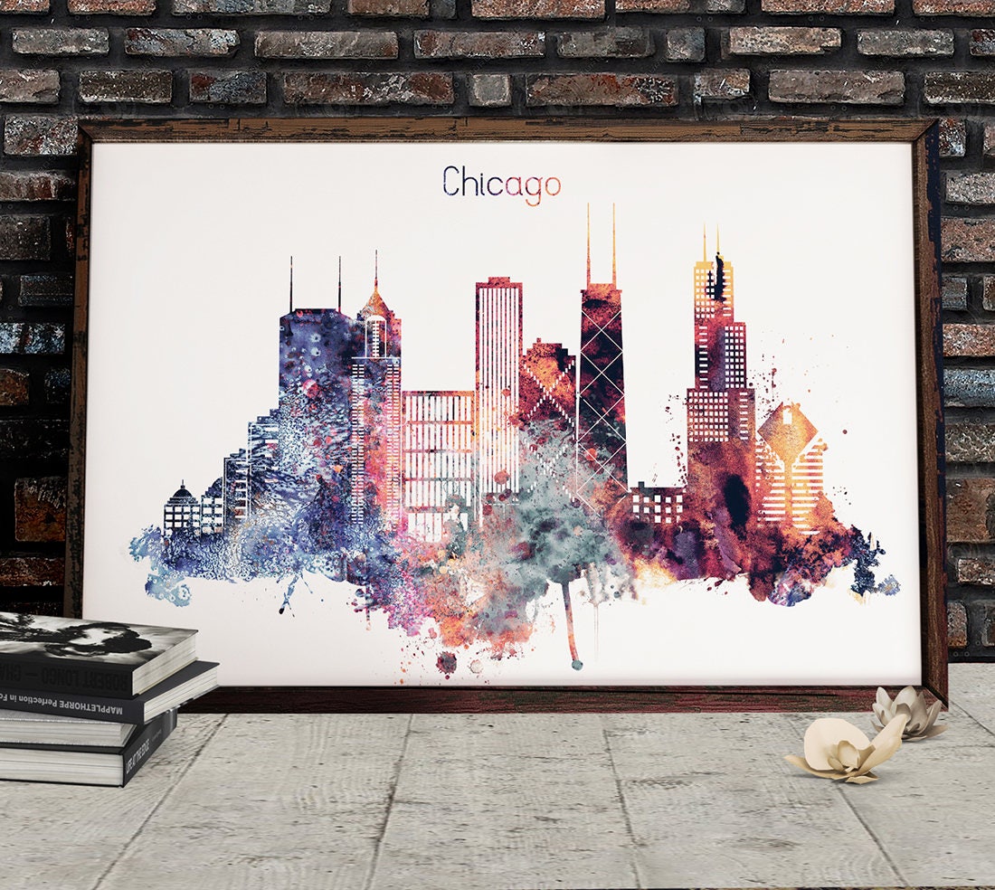 Chicago aquarel Decor, downloadbare aquarel City Art, Chicago Cityscape, thuis en op kantoor poster, Skyline digitale downloaden