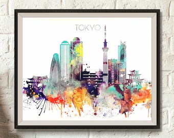 Tokyo Skyline, Japan Digital Poster, Watercolor, Tokyo Cityscape, Home and Office decor, Tokyo JPG, Digital Download, Big size