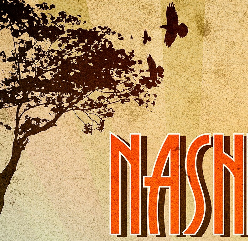 May include: A vintage poster with a brown tree silhouette and birds flying against a beige backdrop. The word "NASH" is in large, orange, retro lettering. The design has a textured, aged appearance.