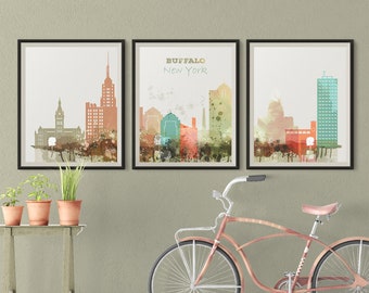 Buffalo NY Skyline Print Set, Colorful Watercolor Triptych (Digital Download)