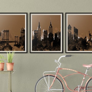 New York wall art Set of 3 prints New York Skyline Prints NYC Digital Download Sepia Art Triptych Set Home posters