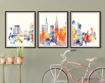 New York Set of 3 Skyline Prints Downloadable prints NYC Digital Download Cityscape New York Triptych Set Home and Office posters