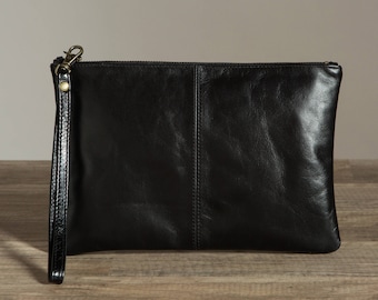 Monogrammed Black Leather Clutch bag. Stamped Leather Anniversary. Third Anniversary gift for her. 3rd anniversary gift. Leather handbag.