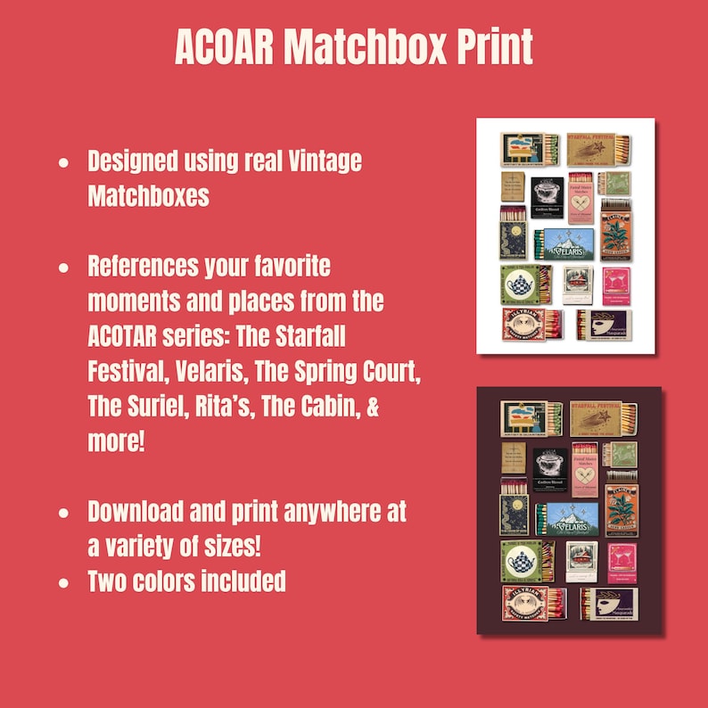ACOTR Matchbox Matchbook Match Vintage Trendy Modern Art Decor Poster Print Digital Download Design Sarah J Maas SJMA Court of Thorns and Roses Mist and Fury Silver Flames Wings and Ruin Velaris Rita's Suriel Night Court Spring Court Elaine House of Wind cabin Painting Artist Starfall Festival Fated Mates You Do Not Yield City of Starlight Illyrian Prythian Amarantha Masquarade Cauldron Blue Black Red Pink Green Colorful Romantasy Romance Love Bat Boys Bookish Booktok Book Booktube Fanfiction