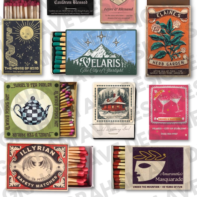 ACOTR Matchbox Matchbook Match Vintage Trendy Modern Art Decor Poster Print Digital Download Design Sarah J Maas SJMA Court of Thorns and Roses Mist and Fury Silver Flames Wings and Ruin Velaris Rita's Suriel Night Court Spring Court Elaine House of Wind cabin Painting Artist Starfall Festival Fated Mates You Do Not Yield City of Starlight Illyrian Prythian Amarantha Masquarade Cauldron Blue Black Red Pink Green Colorful Romantasy Romance Love Bat Boys Bookish Booktok Book Booktube Fanfiction