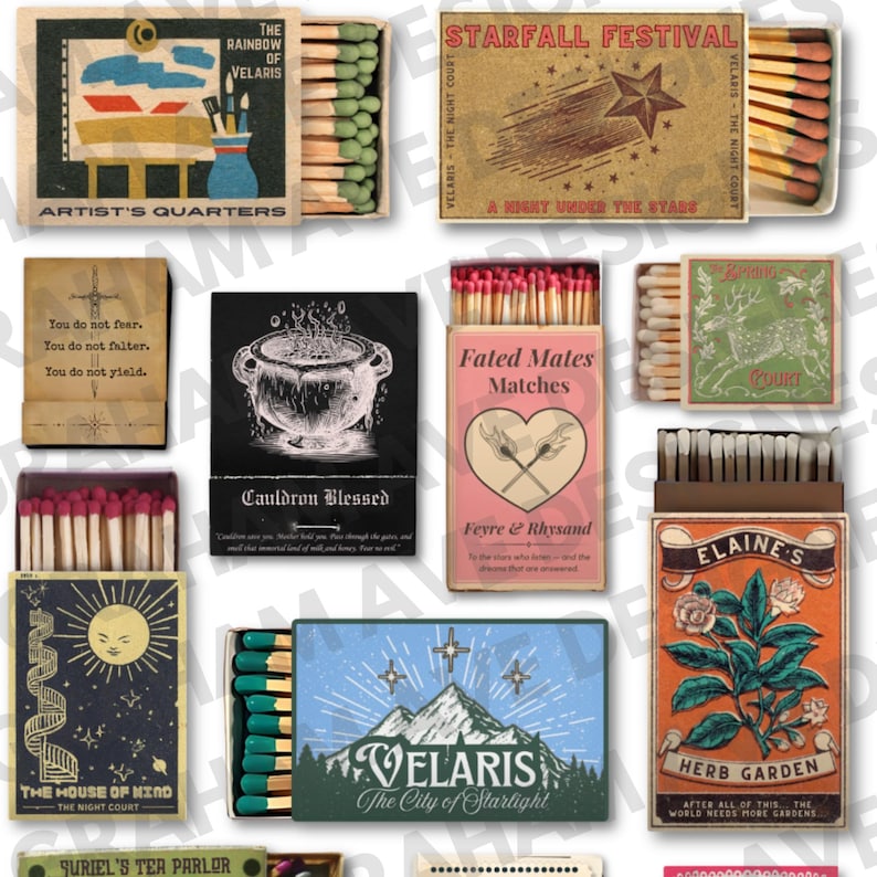 ACOTR Matchbox Matchbook Match Vintage Trendy Modern Art Decor Poster Print Digital Download Design Sarah J Maas SJMA Court of Thorns and Roses Mist and Fury Silver Flames Wings and Ruin Velaris Rita's Suriel Night Court Spring Court Elaine House of Wind cabin Painting Artist Starfall Festival Fated Mates You Do Not Yield City of Starlight Illyrian Prythian Amarantha Masquarade Cauldron Blue Black Red Pink Green Colorful Romantasy Romance Love Bat Boys Bookish Booktok Book Booktube Fanfiction