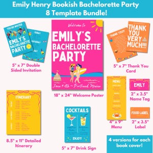 Könnte beinhalten: Ein druckbares Vorlagenpaket für eine Junggesellinnenparty mit Strandthema. Das Paket enthält ein Willkommensposter, eine Einladung, eine Reiseroute, ein Menü, einen Namensschild, ein Lebensmitteletikett und ein Getränkeschild. Die Vorlagen haben ein rosa-gelbes Farbschema mit Illustrationen einer Strandszene, Cocktails und einem Surfbrett.