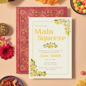 Elle a trouvé sa carte principale à presser jaune et vert, modèle numérique d'itinéraire et d'invitation à une fête de mariage mignon classique brillant citron agrumes et modèle numérique d'itinéraire