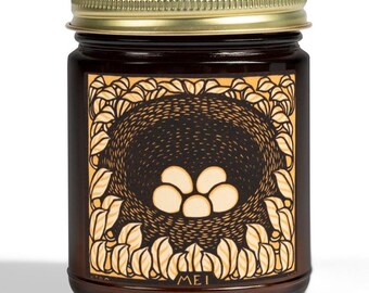 Scented Birthday Month Candle-May, Vintage Bird Nest Art, 9 oz, Reusable Glass Jar