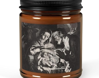 Scented Christmas Soy Candle, Vintage Christmas Nativity Art, 9 oz, Reusable Glass Jar