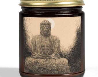Buddha Illustration Jar Candle, Coconut Apricot Wax, 9oz, Scented or Unscented
