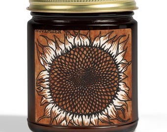 Candela profumata per il mese di compleanno - Novembre, motivo girasole vintage, 9 once, barattolo di vetro riutilizzabile