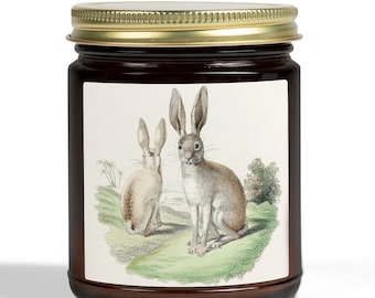 Vintage Rabbits Candle, Bunny Illustration Art, Cottagecore Animal Decor, Easter Bunny Gift, Amber Glass Jar
