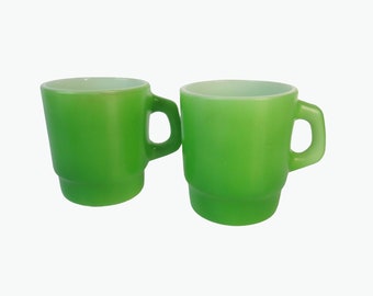 2 Anchor Hocking stackable green milk glass coffee mugs