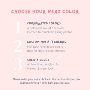 Peut inclure: Graphique rose clair avec le texte &laquo;&nbsp;CHOISISSEZ VOTRE COULEUR DE PERLE&nbsp;&raquo;. Il propose des options pour la s&eacute;lection de la couleur des perles&nbsp;: couleurs coordonn&eacute;es, m&eacute;lange personnalis&eacute; de 2 &agrave; 3 couleurs ou une seule couleur unie. Instructions incluses.