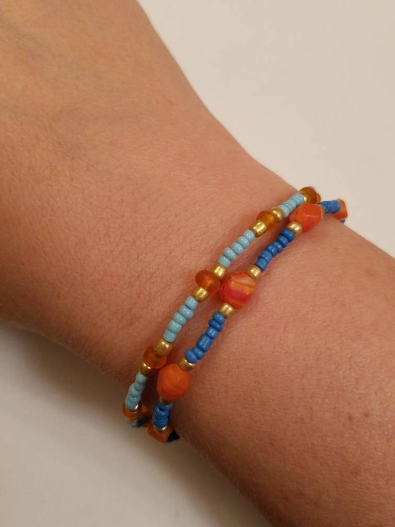 Blue and Orange Bracelets Denim Blue Bracelet Beaded Stretch Bracelet Orange Bead Bracelet