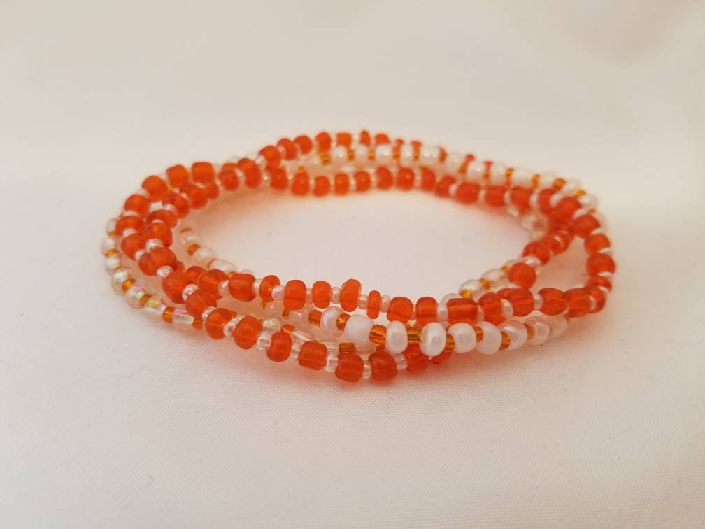 Orange and White Beaded Stretch Bracelet