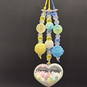Beaded Purse Charm with Heart Design with Yellow and Blue- Bag Charms- Purse Accessories- 7 3/4&quot;