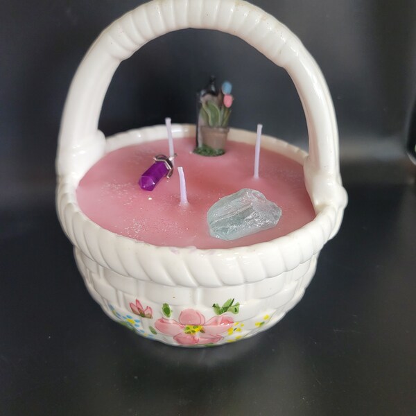 20oz Sea Moss and Sage Ceramic Basket Candle with Fairy Garden Flowerpot and Seaglass and Hexagonal Chakra Pendant