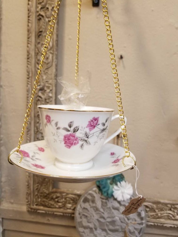 Rose Vintage Hanging Teacup Bird Feeder Etsy