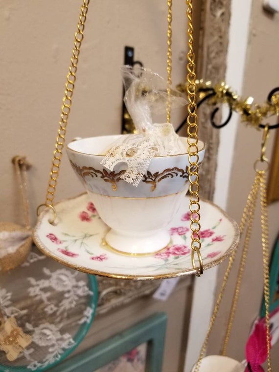 Vintage Floral Hanging Teacup Bird Feeder Etsy