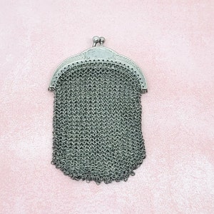 Sterling Silver Mesh Bag Chatelaine Pendant French Two Compartments Coin Purse