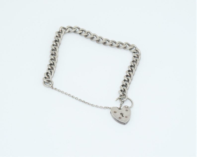 Heart Lock Sterling Silver Pad Lock England Starter Charm Bracelet Puffy Heart Clasp 7.25